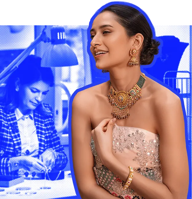 Model wearing intricate gold necklace from the BSc in Jewelry Design program